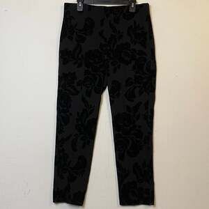 Chico’s Women's Juliet Black Floral Flocked Pull On Ankle Pants Size 12
